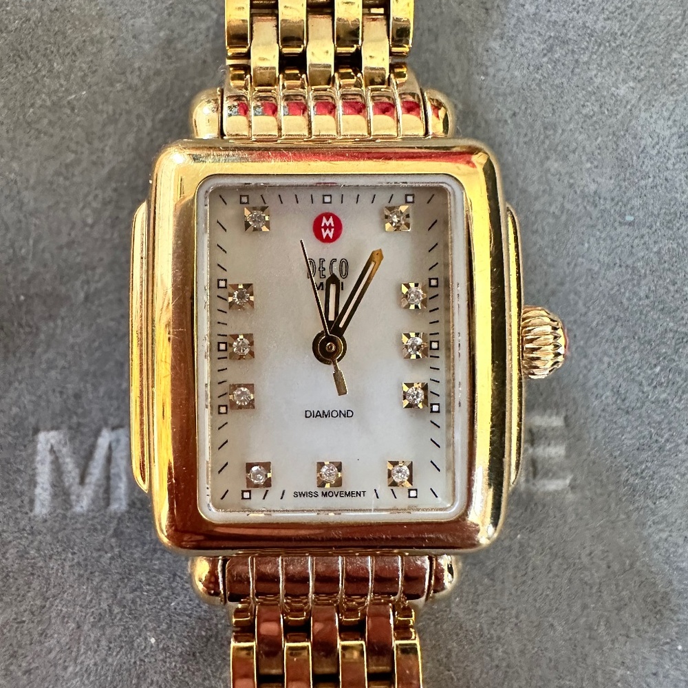 Michele White Mother-Of-Pearl Goldtone Chronograph 0.08 TCW Diamond Bracelet Wat